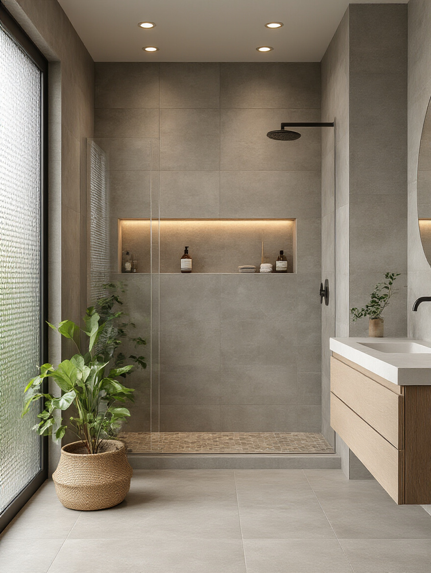 Portrait view of a modern bathroom showcasing sustainable tile textures and eco-friendly materials with natural light.