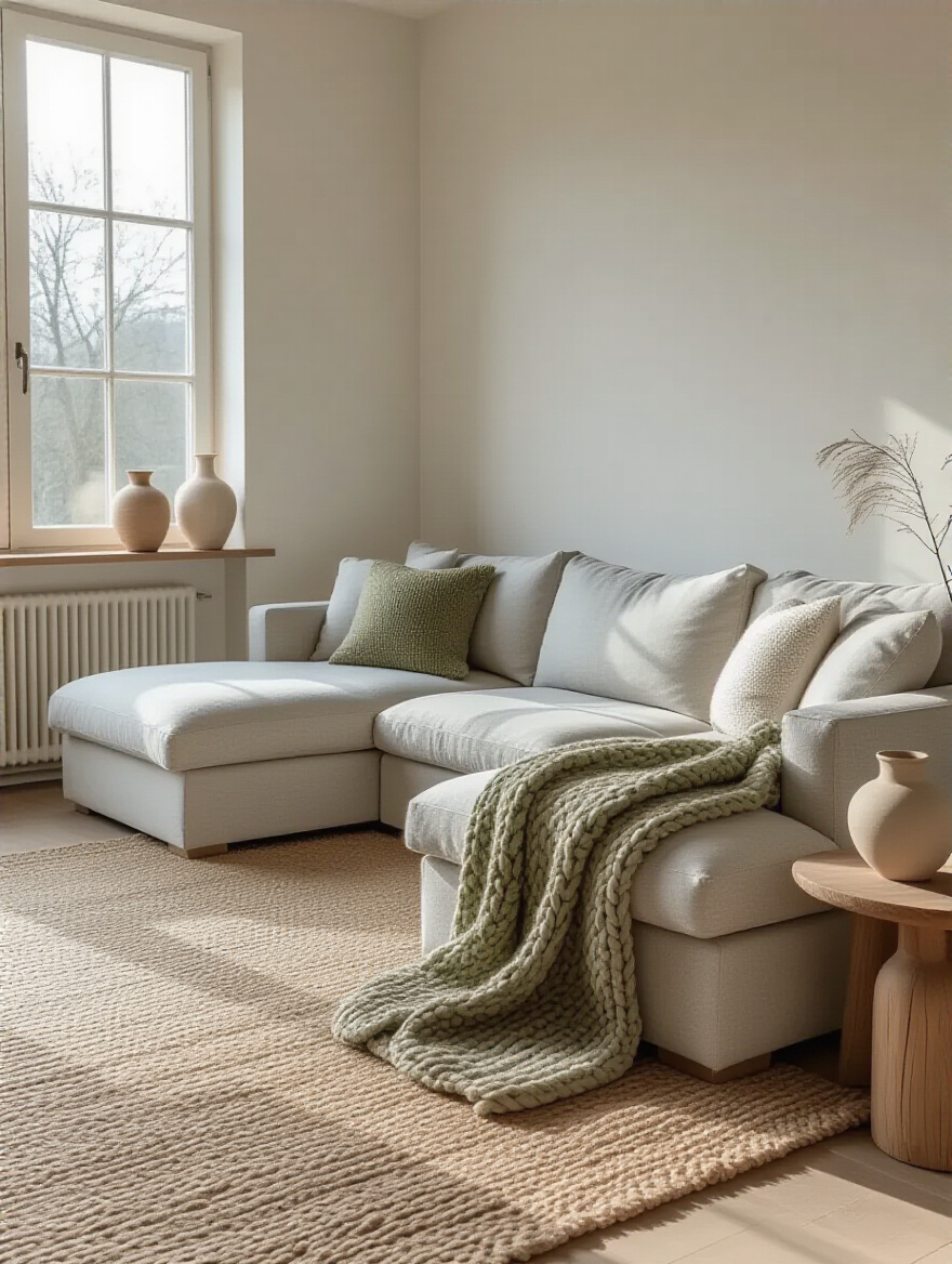A tranquil living room showcasing a limited color palette of off-white, light grey, and subtle olive green accents for serene harmony.