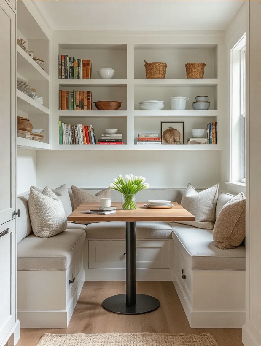 Image of a compact modern kitchen featuring an L-shape layout with optimized appliance placement, continuous counter space, and vertical storage solutions.