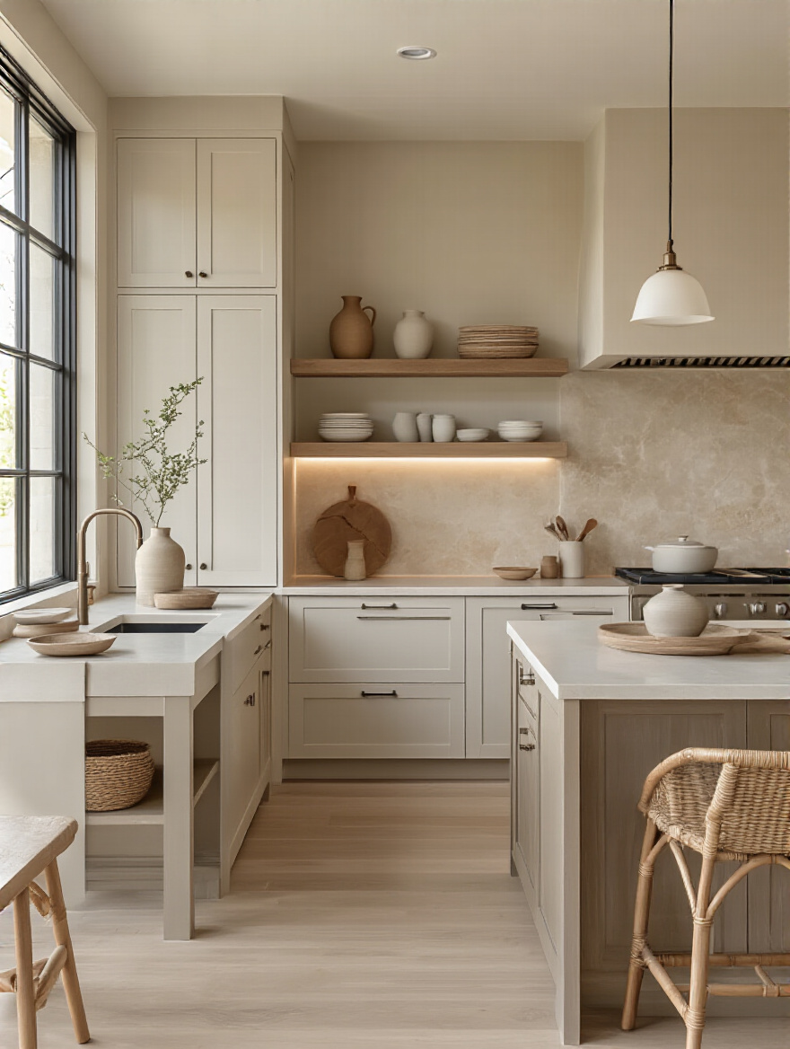 Portrait of a modern kitchen with cohesive neutral color palette and purposeful accents