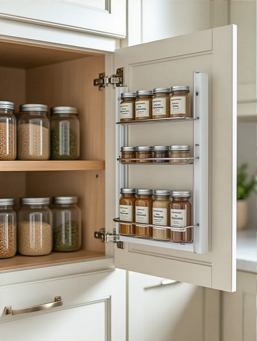 Small kitchen cabinet interior with white door featuring a chrome wire door-mounted organizer filled with various spice jars, showing efficient vertical storage.
