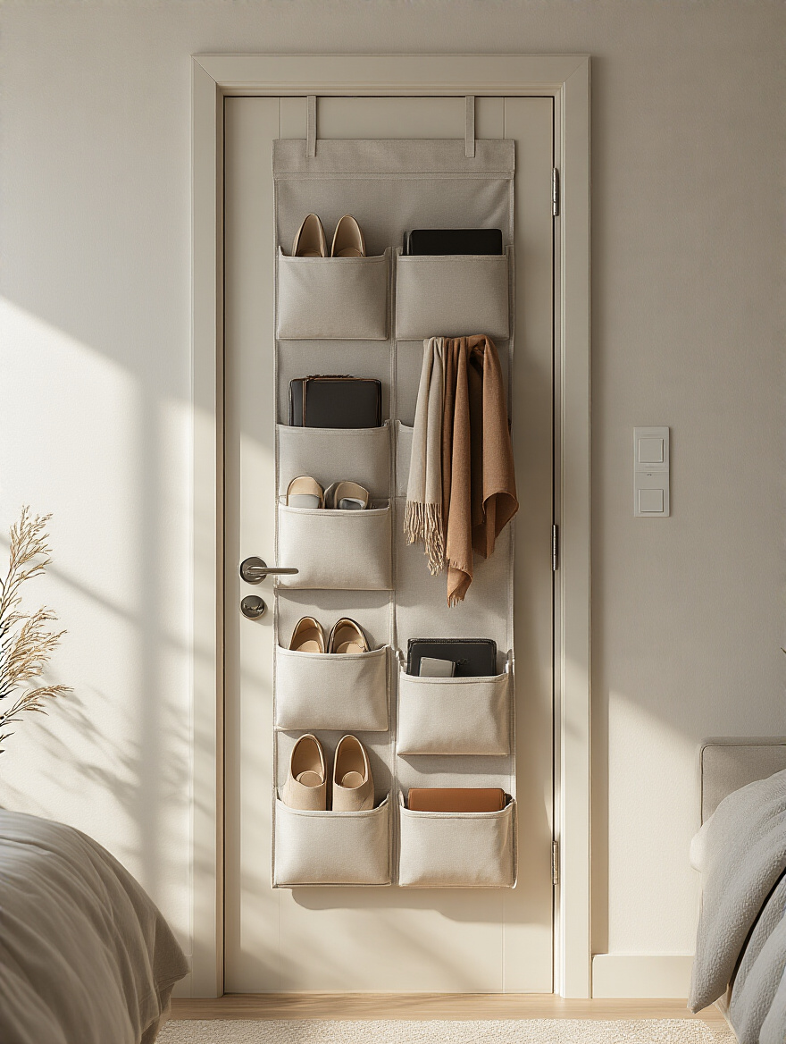 Bedroom door with a door-mounted organizer storing shoes and small items