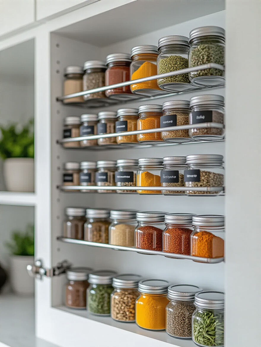 An organized pantry interior showcasing a white door with sleek silver magnetic strips holding neatly arranged clear glass spice jars, filled with colorful spices and labeled.