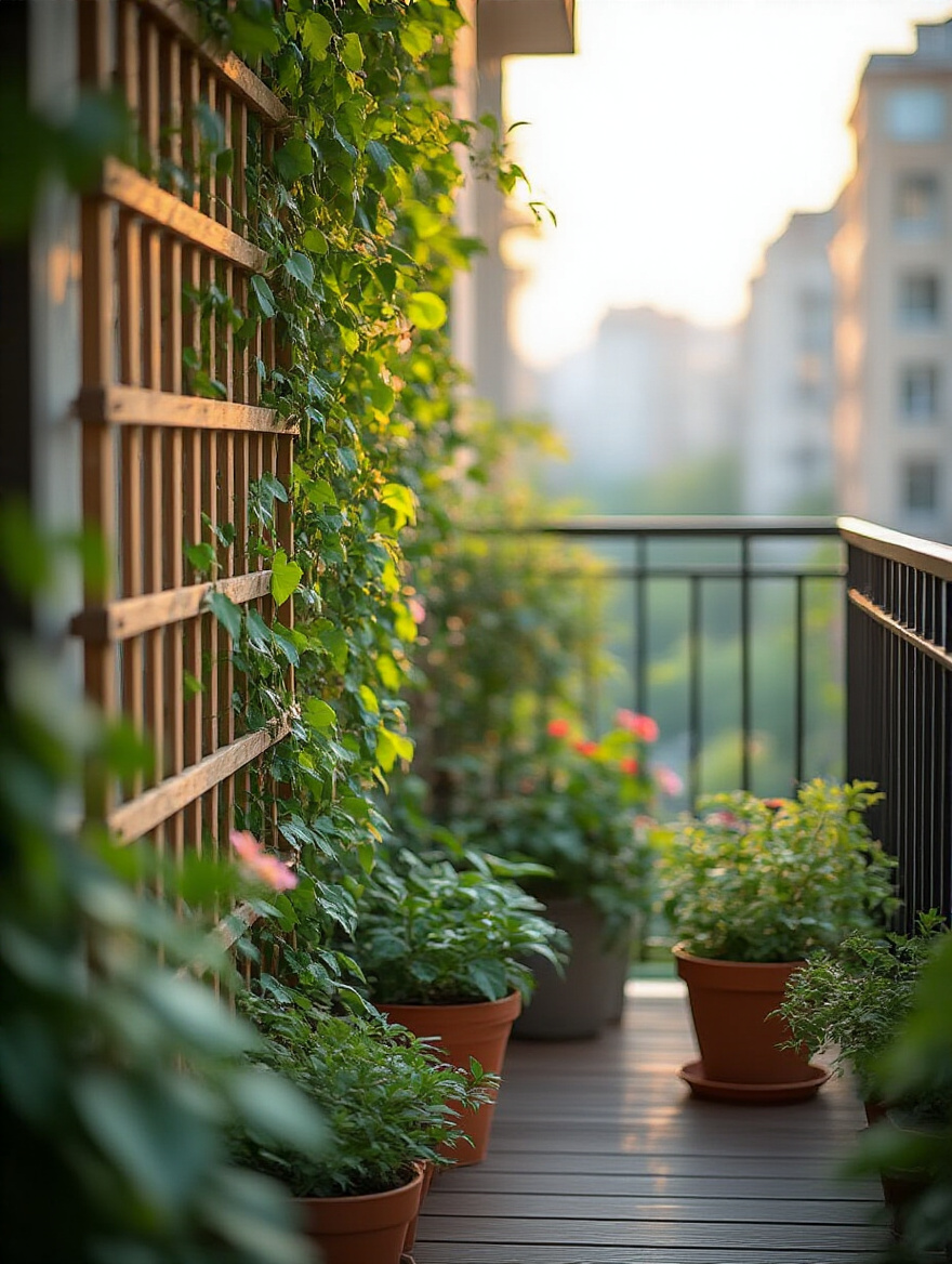 Portrait of balcony trellis with climbing plants along railing