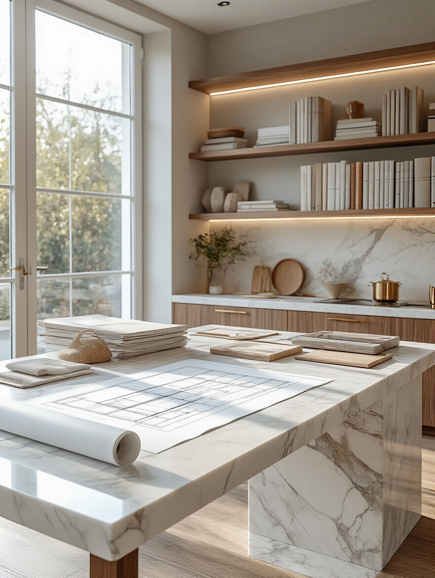 Portrait-style view of a luxury kitchen design studio with materials and planning boards