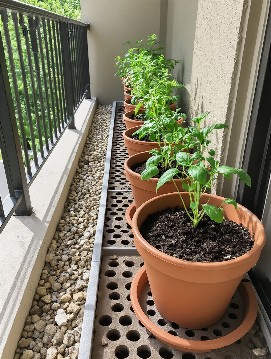 Terracotta balcony pots with visible drainage holes, saucers, and elevated feet for proper drainage