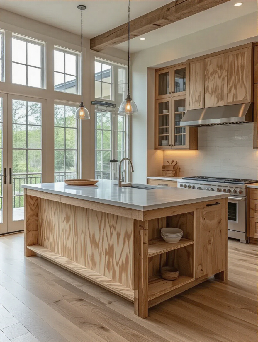 Portrait view of reinforced substrate under a heavy kitchen island countertop