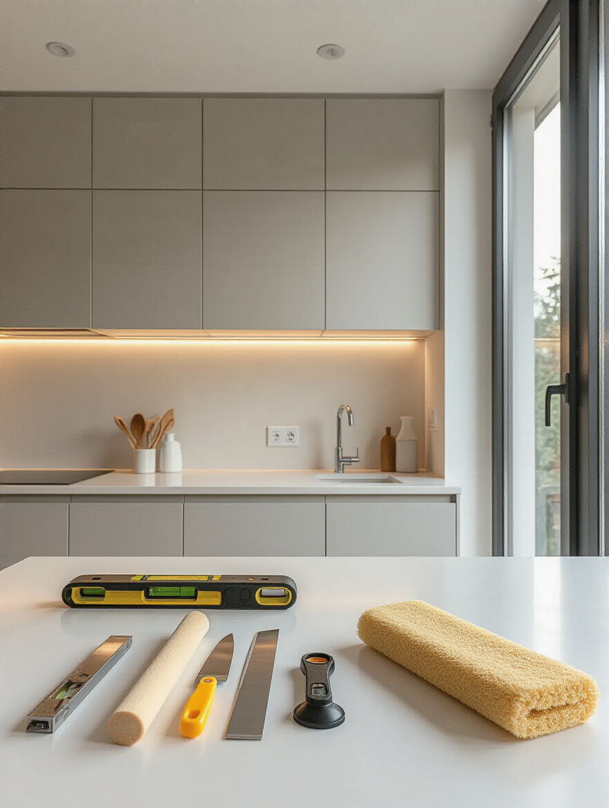 Portrait of wallpaper installation tools arranged on a clean kitchen counter.
