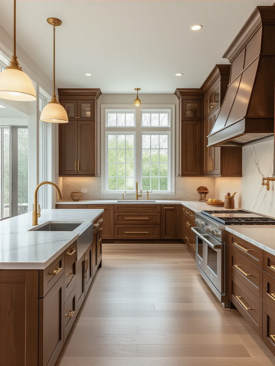 Vertical luxury kitchen interior with island and premium finishes.