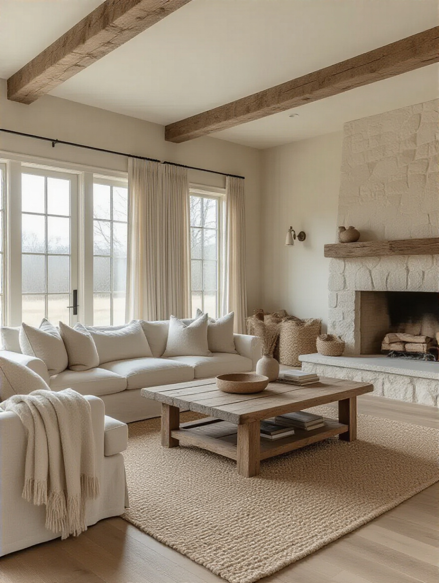 Rustic living room showcasing a neutral color palette with wood tones and natural textures.