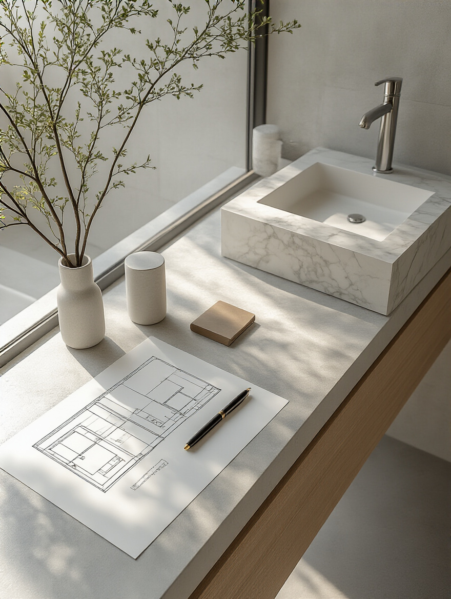 A pristine modern bathroom setting, representing thorough planning and clear project scope, with a rolled architectural drawing and elegant notepad on a polished counter, emphasizing budget and scope definition for a bathroom remodel.