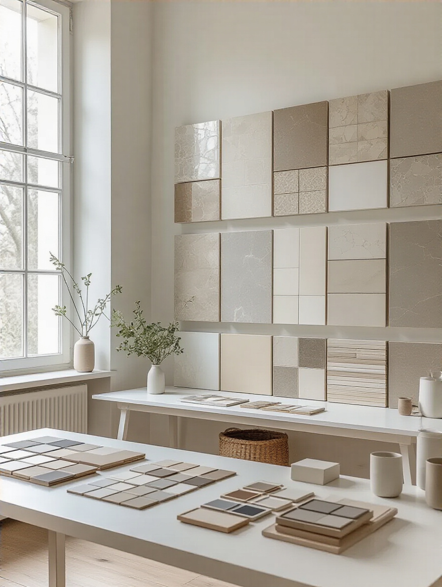 Portrait of tile budgeting planning in a modern bathroom design studio