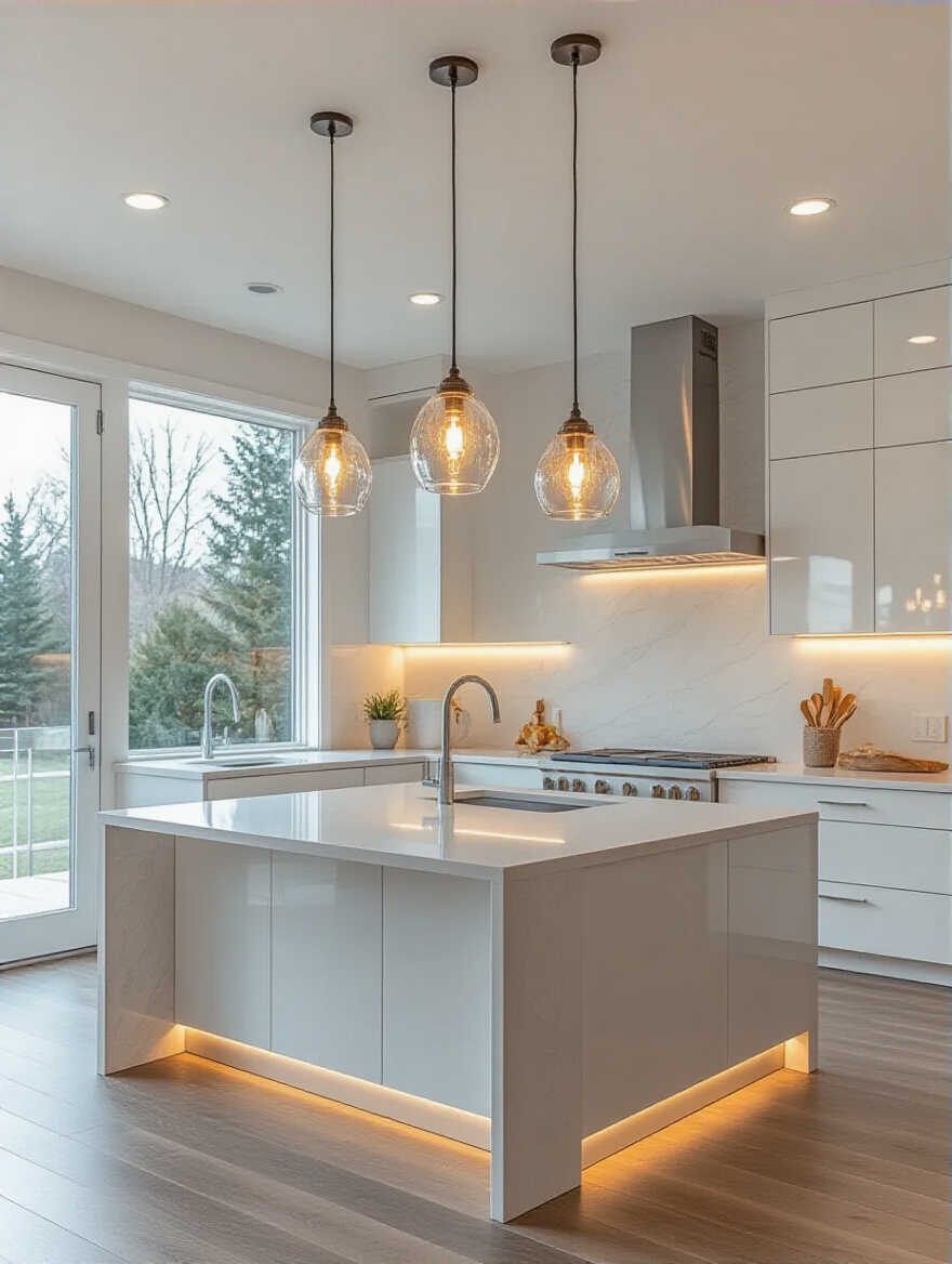 Modern kitchen lighting budget planning with layered fixtures