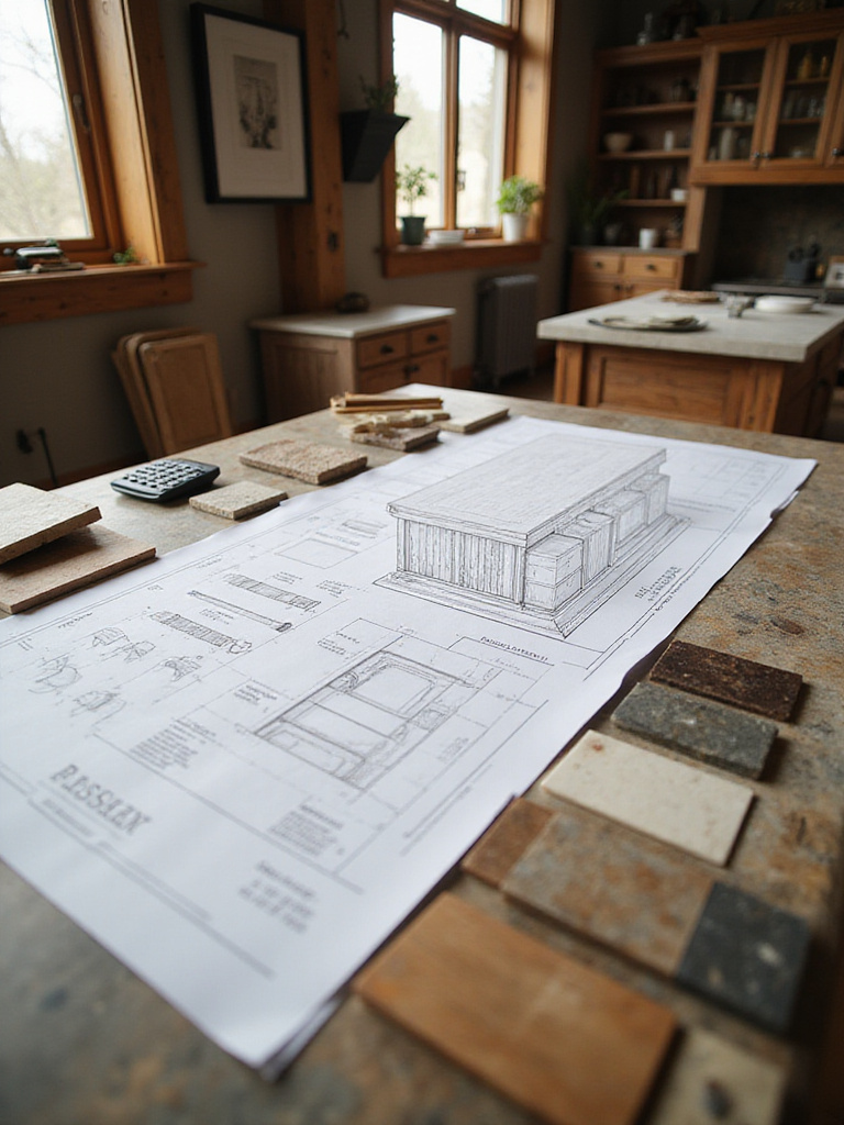 Detailed rustic kitchen island blueprint with samples of reclaimed wood, distressed metal, and stone countertops, representing thorough budget planning for materials and unique features.