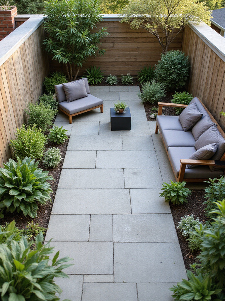 An aerial view of a thoughtfully designed small backyard with distinct areas, representing careful budget planning and resource allocation.