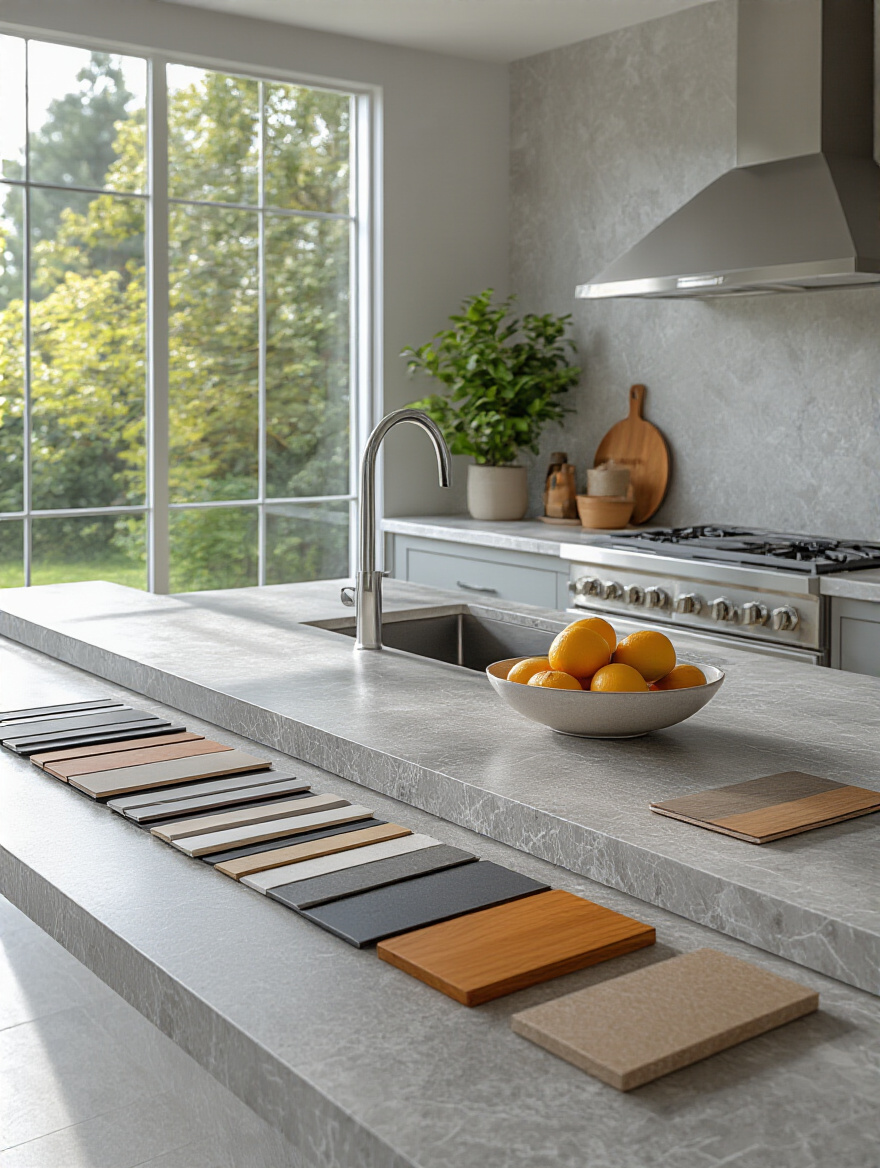 Modern kitchen island with countertop material samples on display, no people
