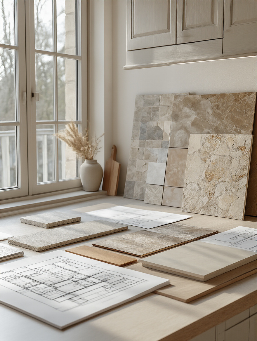 Portrait of a kitchen design planning setup with material samples and blueprints