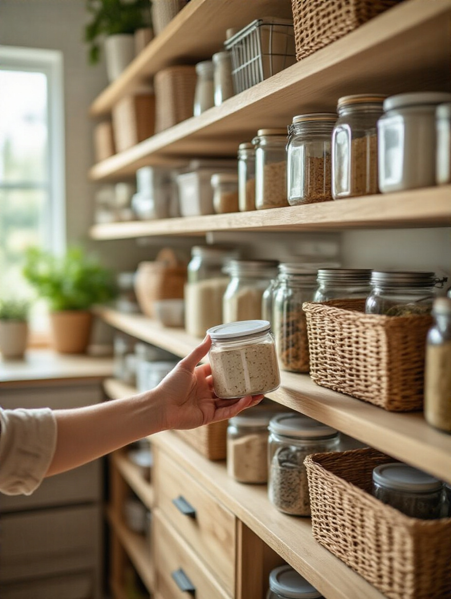 A portrait view of an impeccably organized kitchen pantry, featuring neatly labeled containers on shelves, with a hand carefully placing an item back, representing a regular clean-out routine.