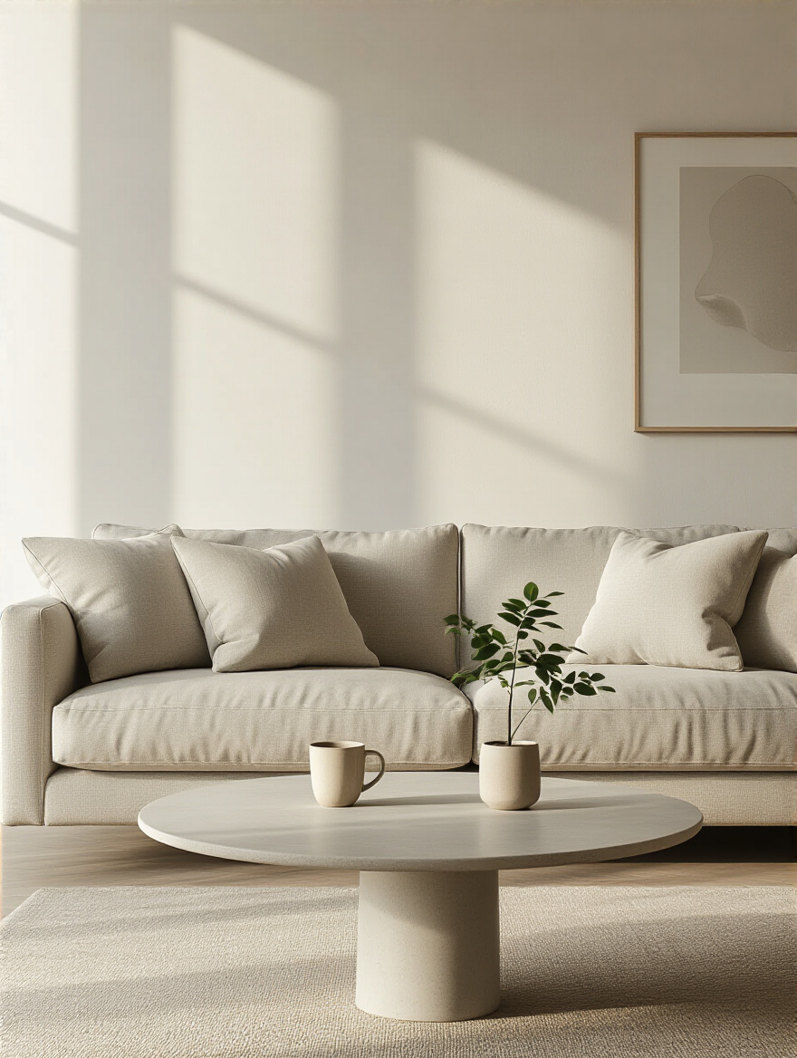 A perfectly tidy, serene living room with a neutral sofa, decluttered coffee table, and neatly arranged decorative items, illustrating an effective living room reset routine for visual calm and order.