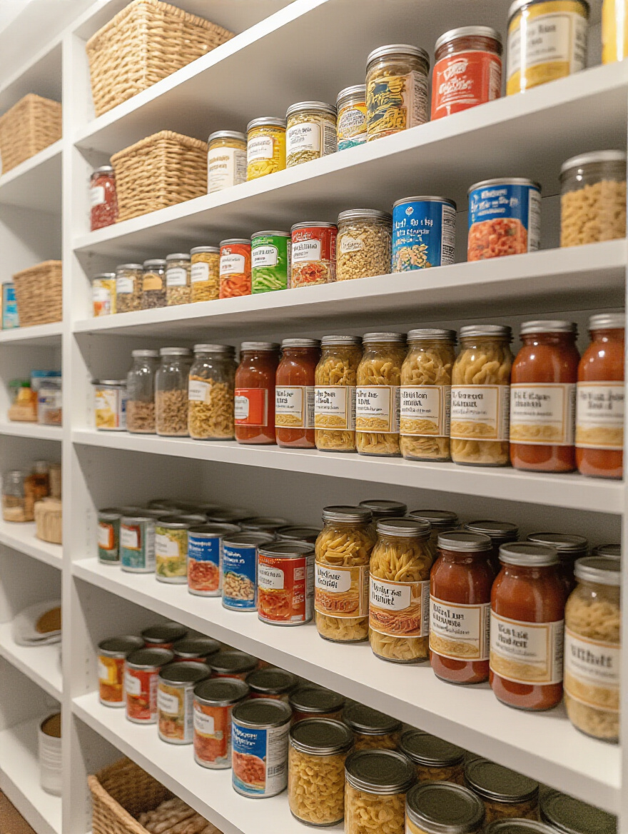 A perfectly organized kitchen pantry shelf with various food items arranged by 'use by' dates, featuring visible labels and a systematic date rotation.