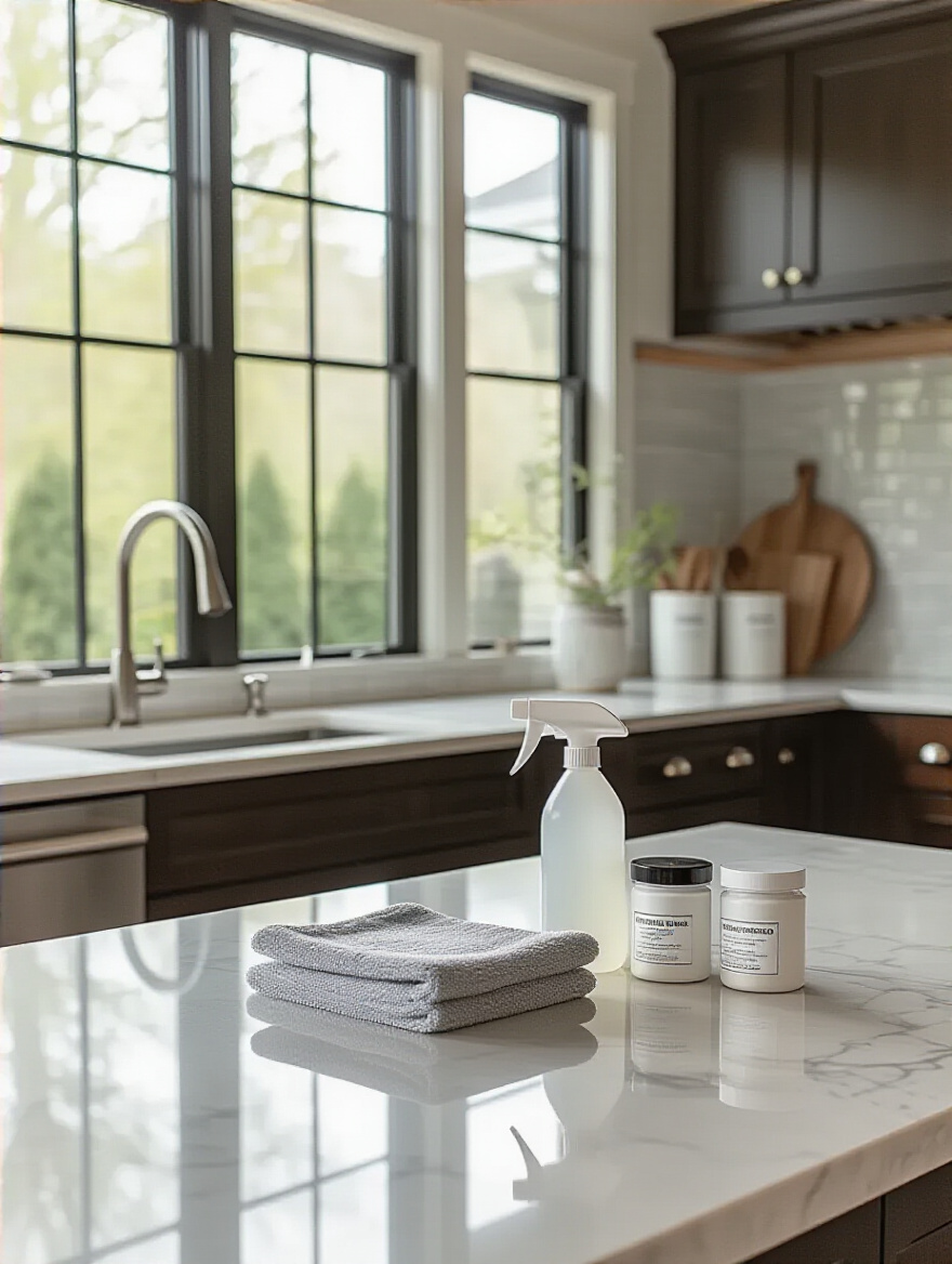 Portrait of a modern kitchen maintenance scene with cleaning supplies and gleaming finishes