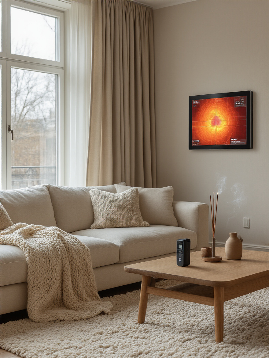 Cozy living room with insulation and drafts assessment tools and heat map display