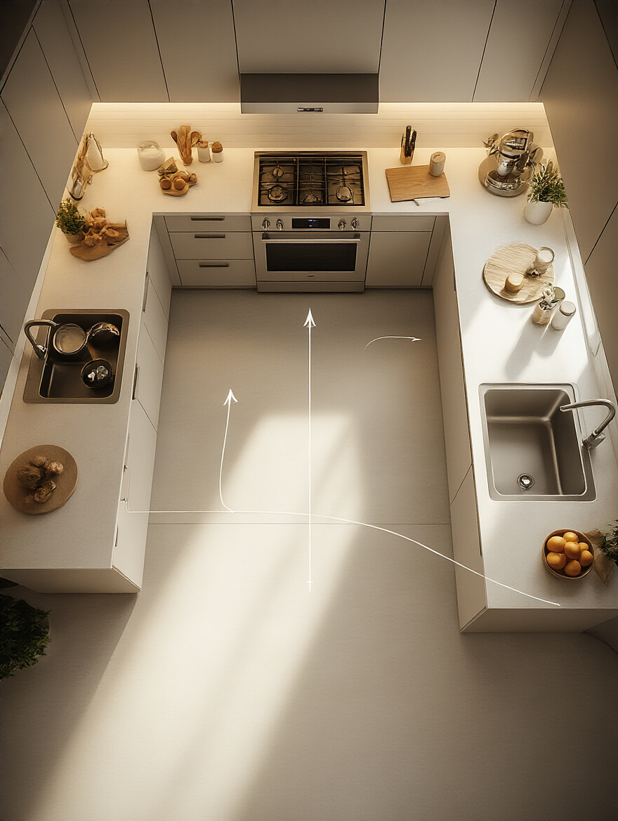 Overhead view of a modern kitchen layout, emphasizing clear pathways and functional zones for a Kitchen Footprint Evaluation.