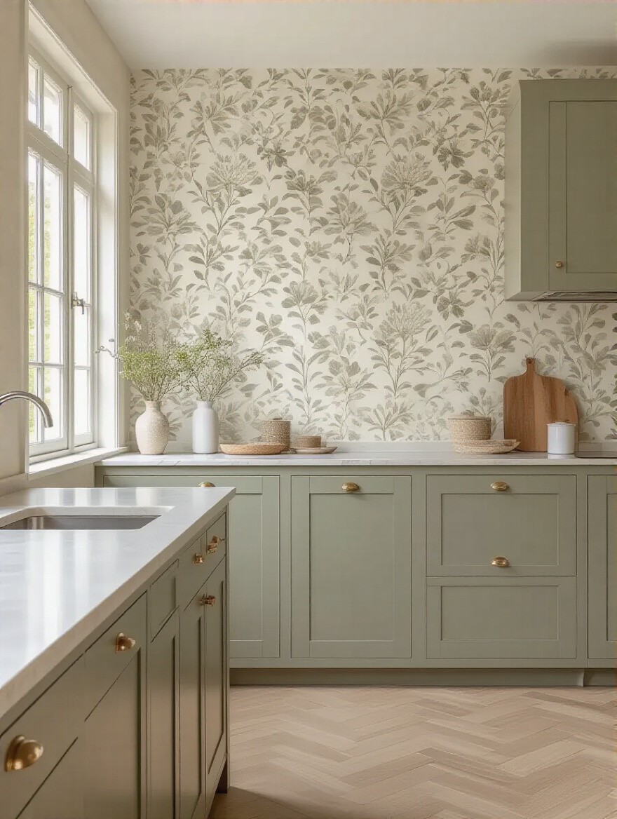 Portrait of kitchen wallpaper textures (vinyl, non-woven, textile) in a modern kitchen