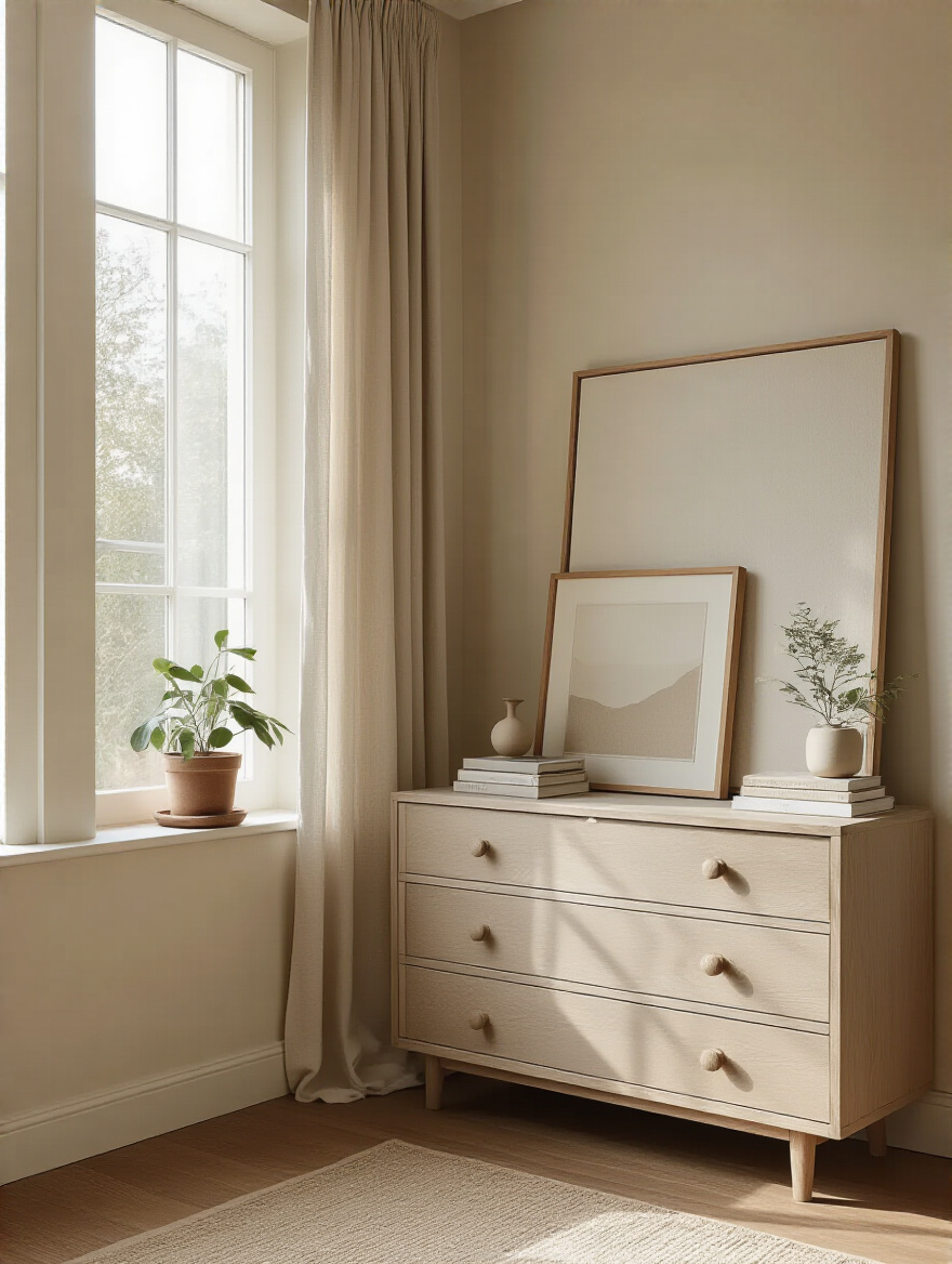 Casual bedroom leaning art arrangement on dresser and wall