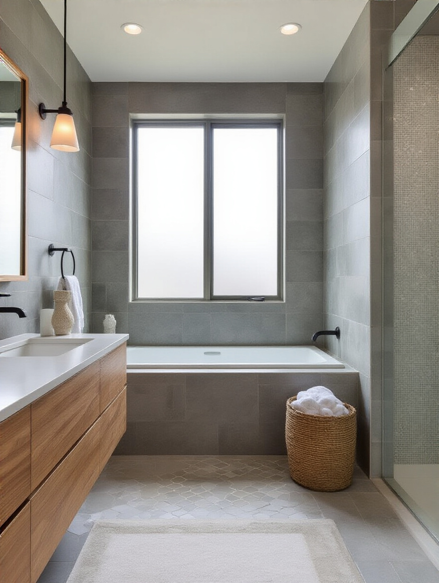 Bathroom wall with mixed tile sizes and textures for depth