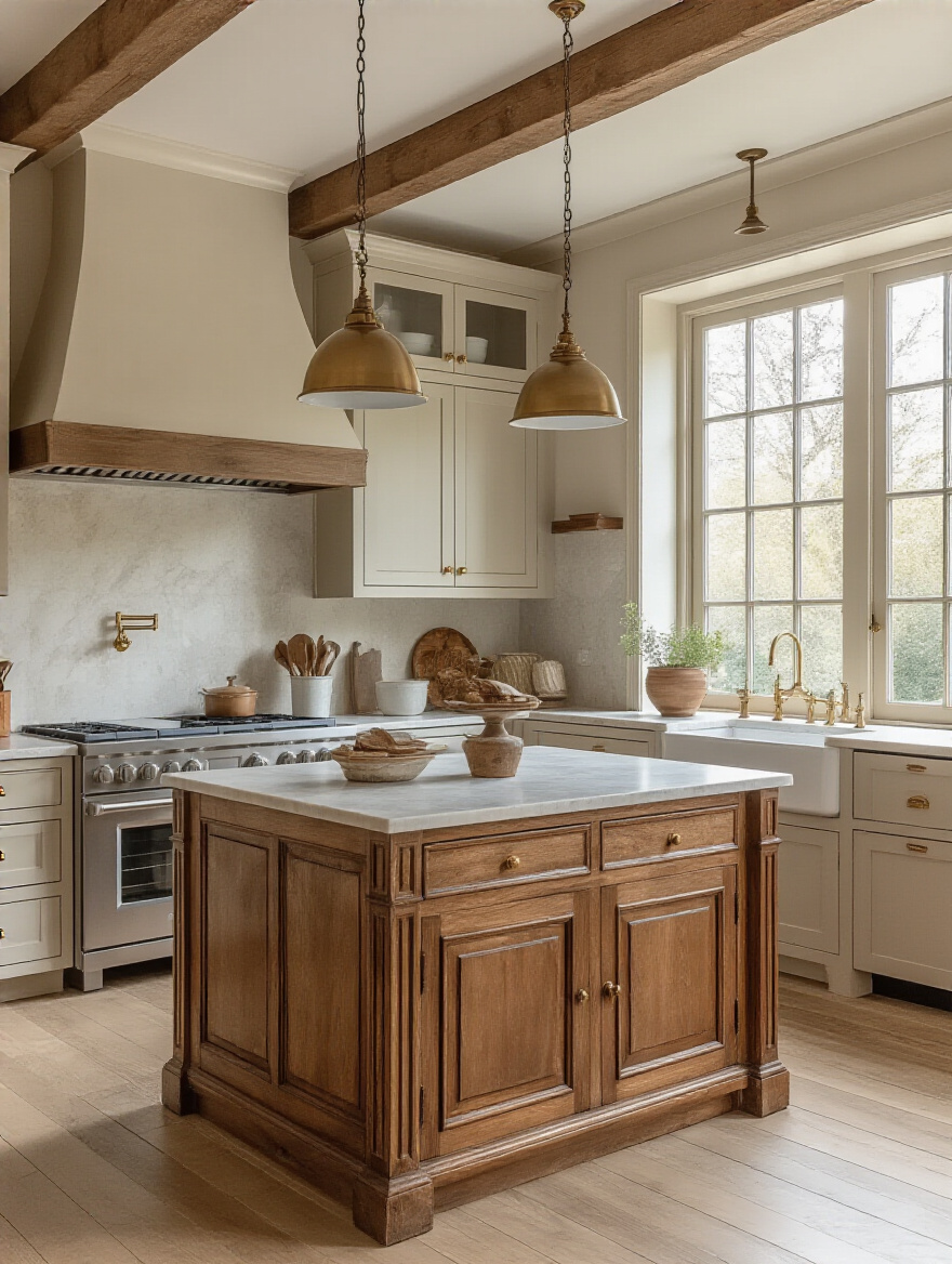 Portrait-style shot of a traditional kitchen blending antique pieces with modern comforts, warm lighting