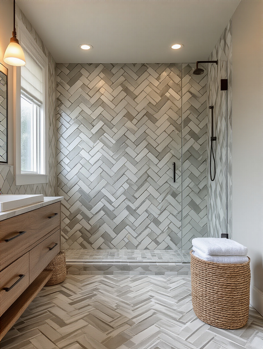 Bathroom showing herringbone and chevron tile patterns on walls and floor