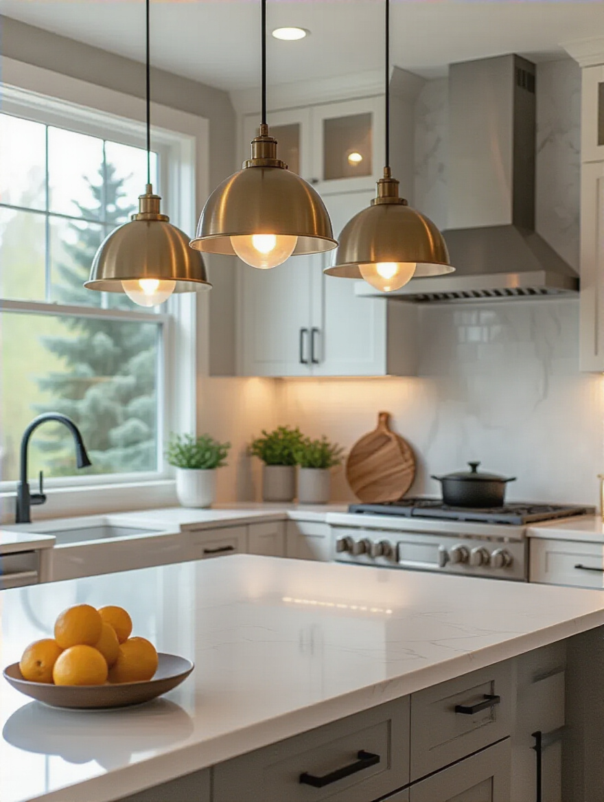 Portrait of decorative kitchen lighting fixtures over a clean, modern island