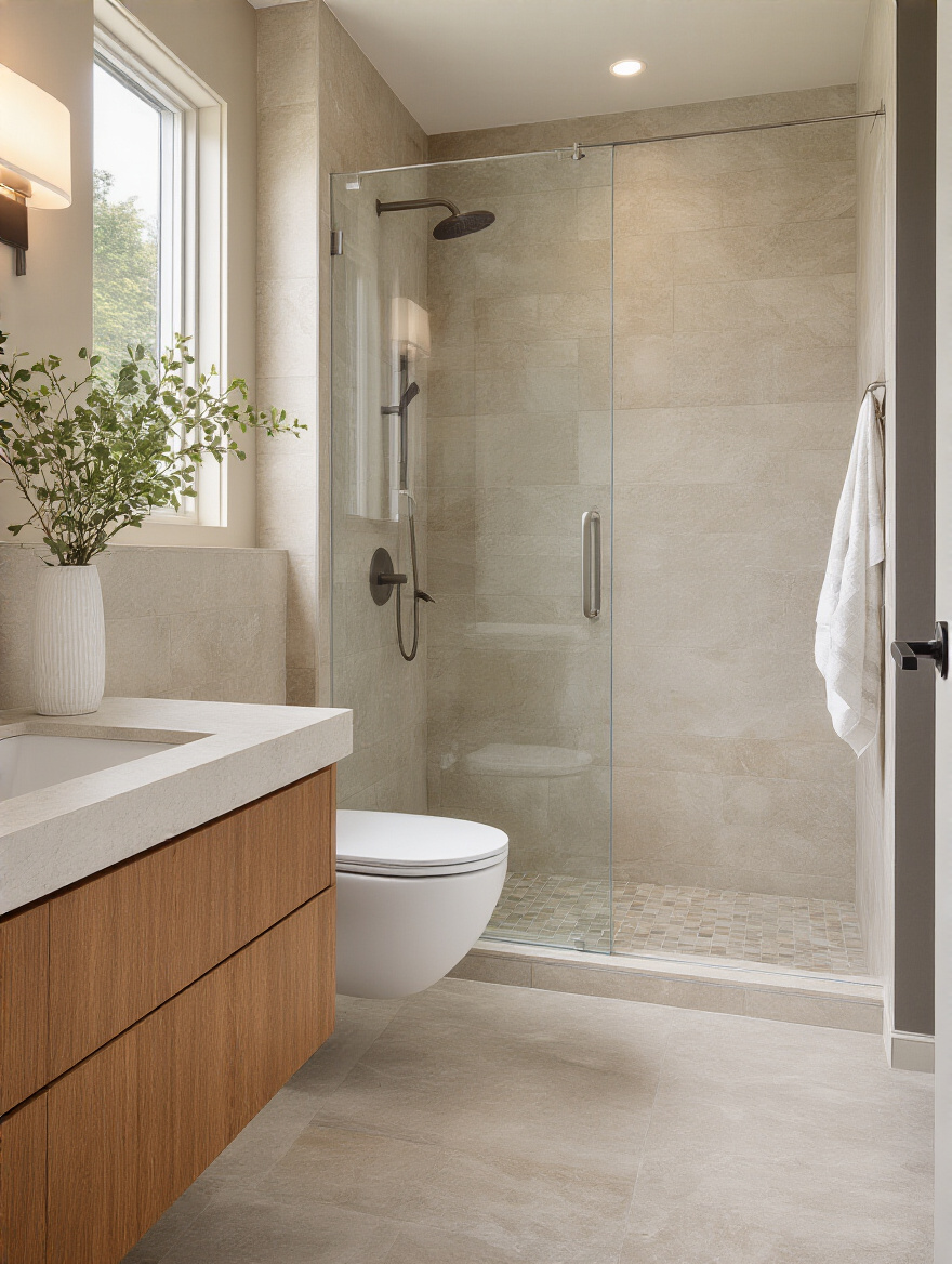 Portrait view of a modern bathroom layout prioritizing flow and accessibility