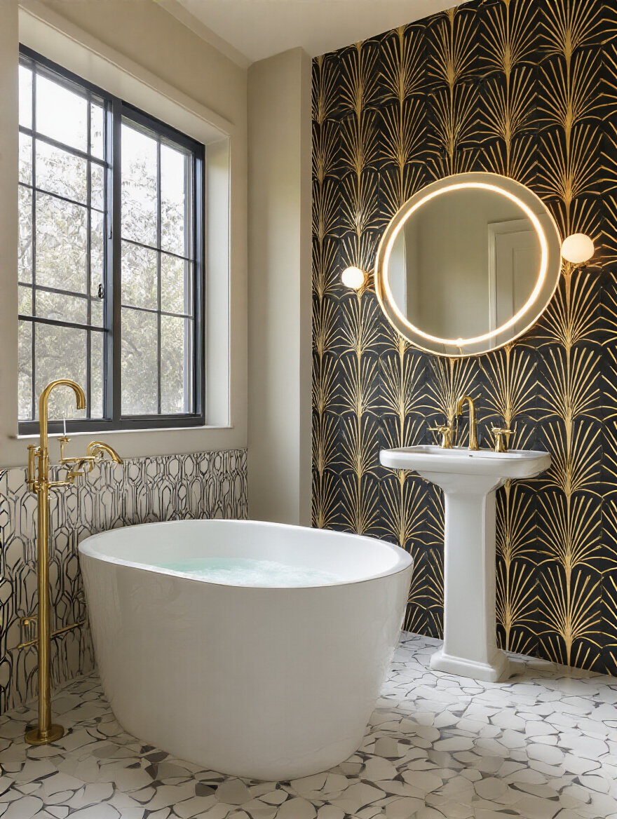Portrait view of a bathroom wall with bold geometric Art Deco and Mid-Century Modern wallpaper patterns