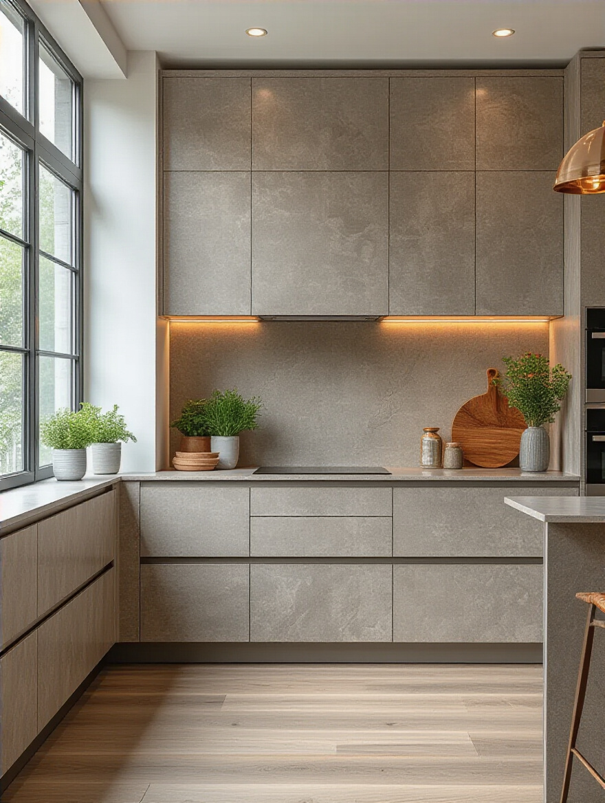 Portrait of a modern kitchen cabinet display highlighting textured melamine and high-gloss finishes