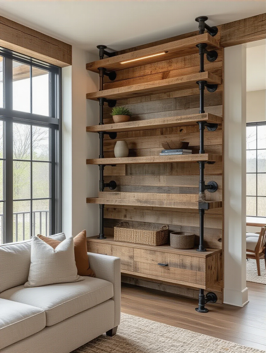 Portrait view of a rustic living room with barnwood open shelving and industrial pipe hardware