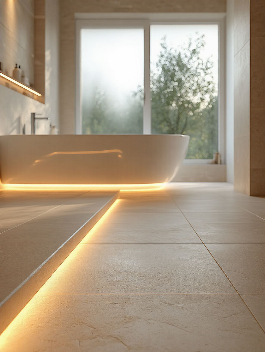 Luxurious modern bathroom interior with warm, neutral-toned tile floor, showing subtle warmth radiating from the surface, enhancing a cozy and inviting atmosphere. A freestanding tub is visible in the background.