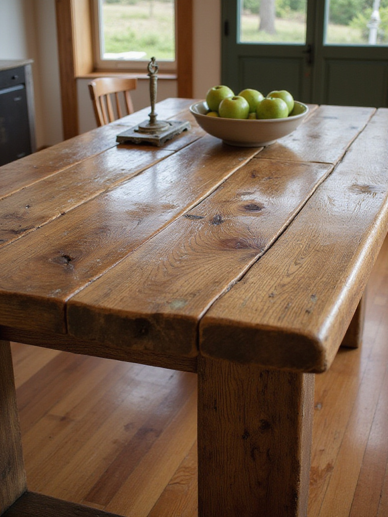 Close-up of a rustic kitchen island made from salvaged oak wood, featuring a rich patina, visible knots, and hand-hewn textures.