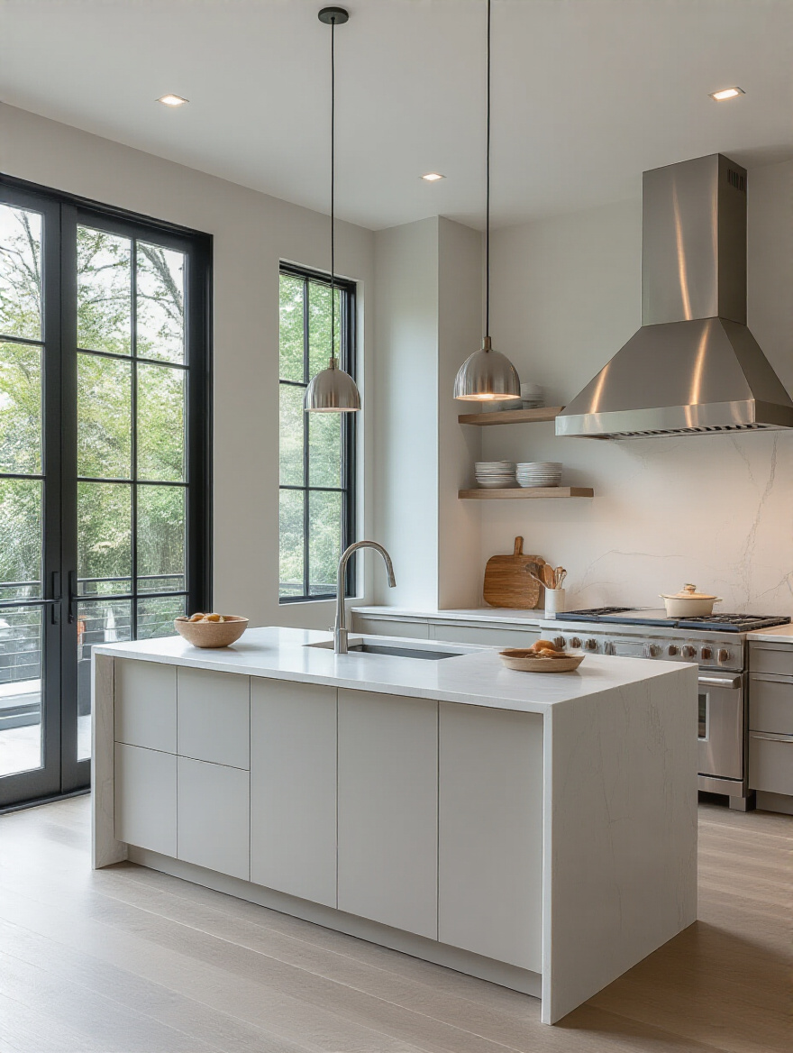 Portrait of a seamless solid surface kitchen island with integrated sink