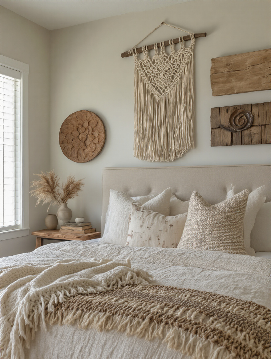 Portrait of a bedroom wall featuring diverse art mediums such as woven tapestry, ceramic wall art, metal sculpture, and reclaimed wood panel.