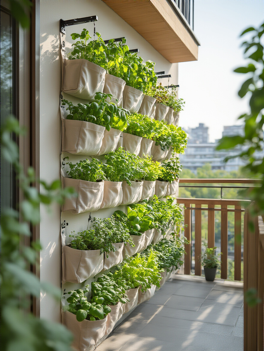 Compact balcony with a vertical gardening kit mounted on wall and railing.
