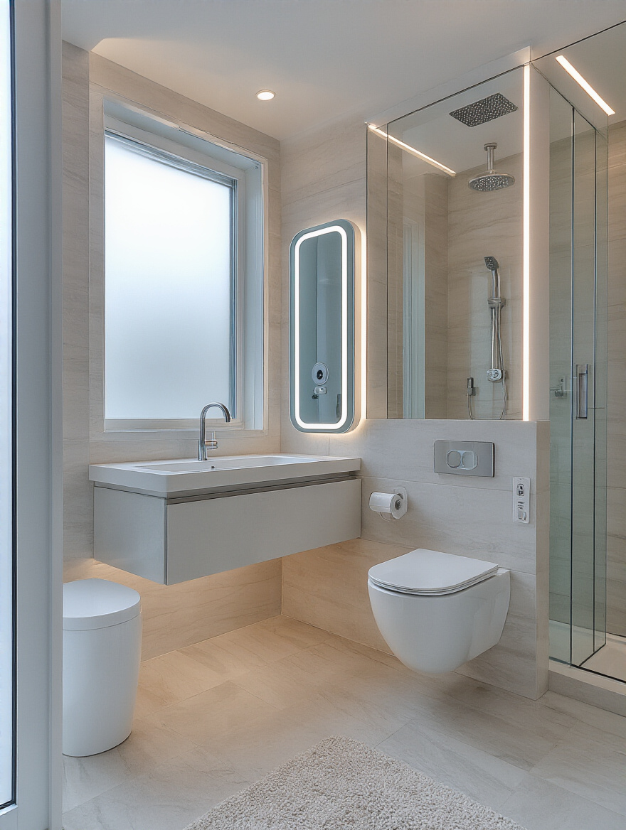 Portrait-style view of a modern smart bathroom with touchless fixtures and smart mirror