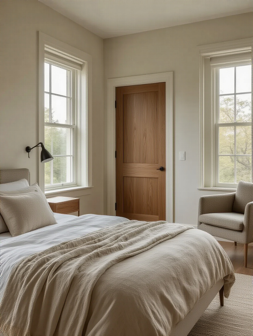Modern bedroom interior demonstrating excellent bedroom layout clearances, with an unobstructed window allowing natural light and a clear pathway to a door, ensuring safe and easy access.