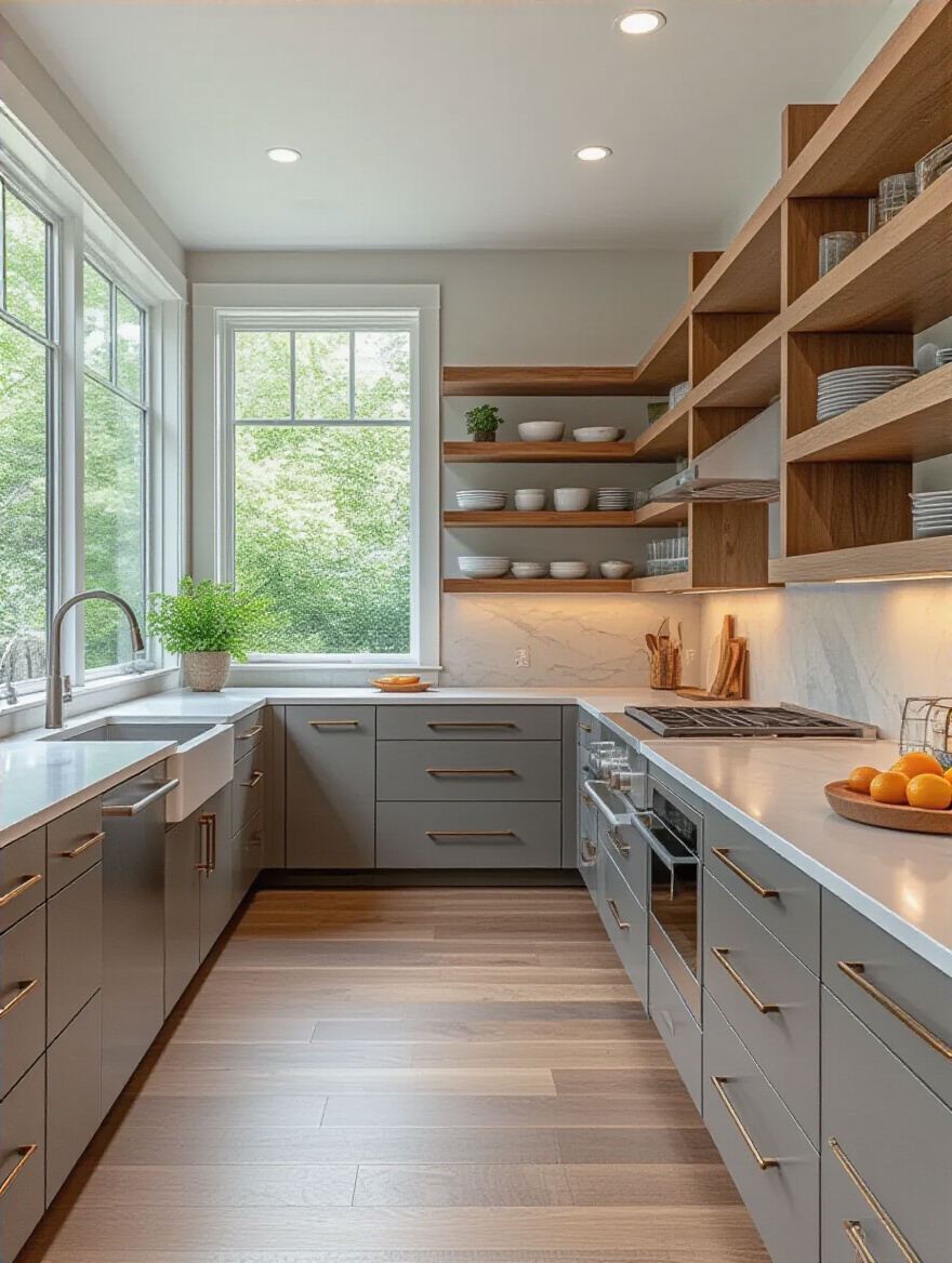 Portrait of a modern kitchen with modular, adaptable features and adjustable cabinetry