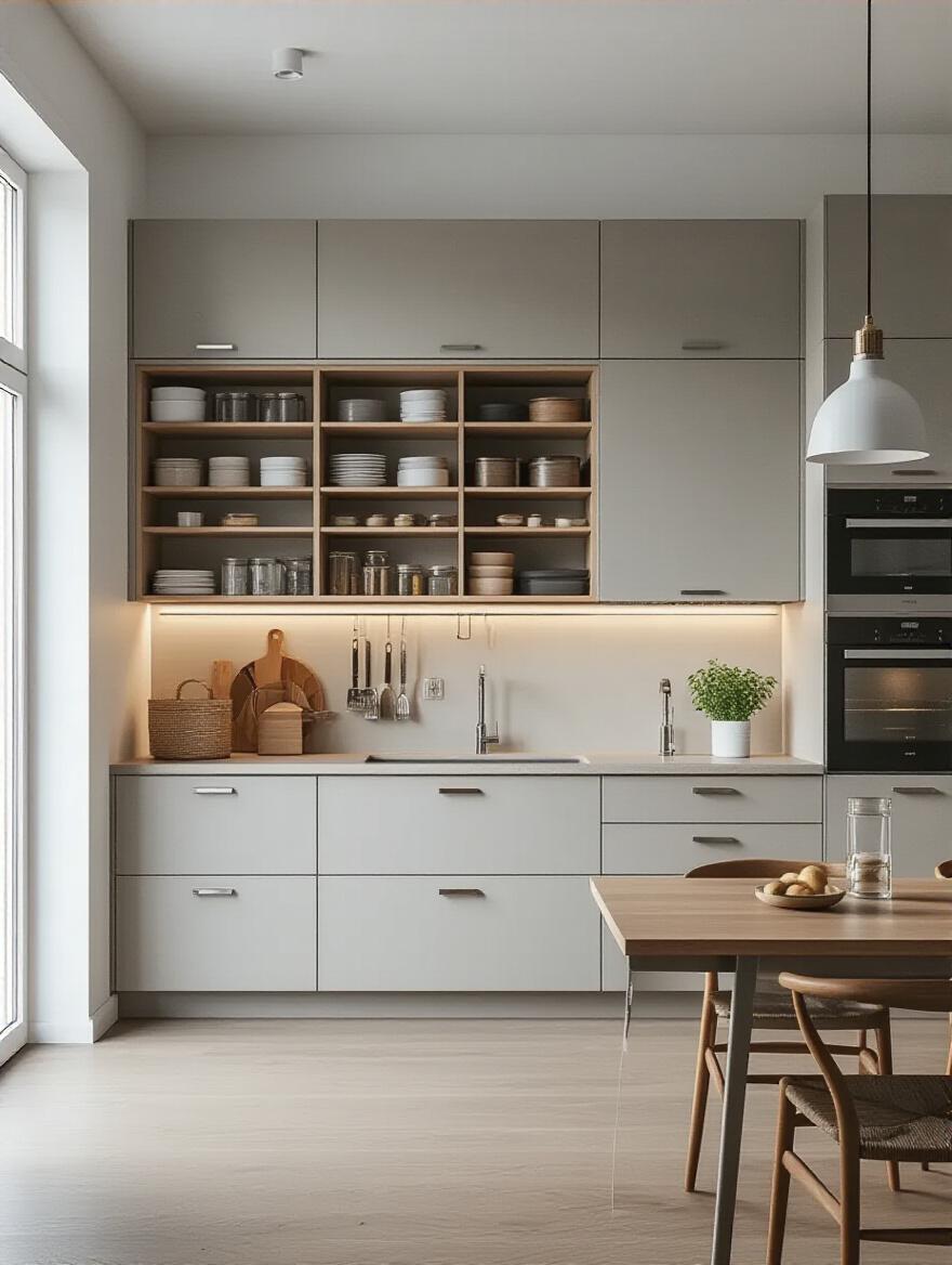 Modern kitchen with modular storage, adjustable shelves, and vertical pantry