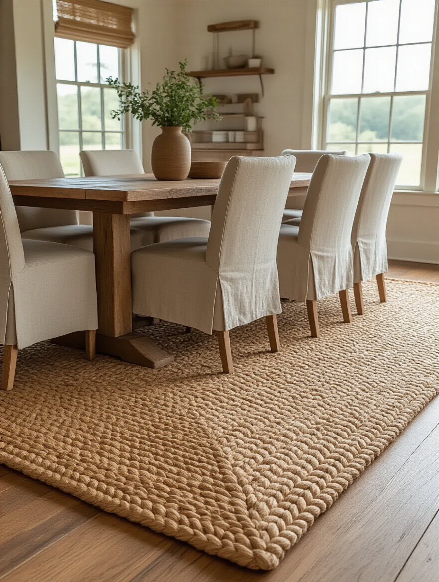 Farmhouse dining room with a large rectangular braided jute natural fiber area rug under a rustic wooden dining table and linen chairs, creating a warm and grounded space.