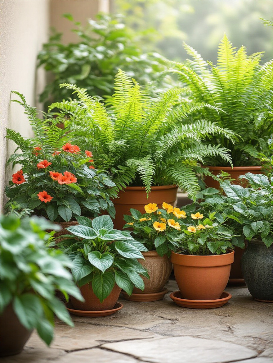 Portrait image of a dense grouping of various potted patio plants including ferns, hostas, and impatiens, on a stone patio with soft lighting, illustrating enhanced humidity and lush growth.