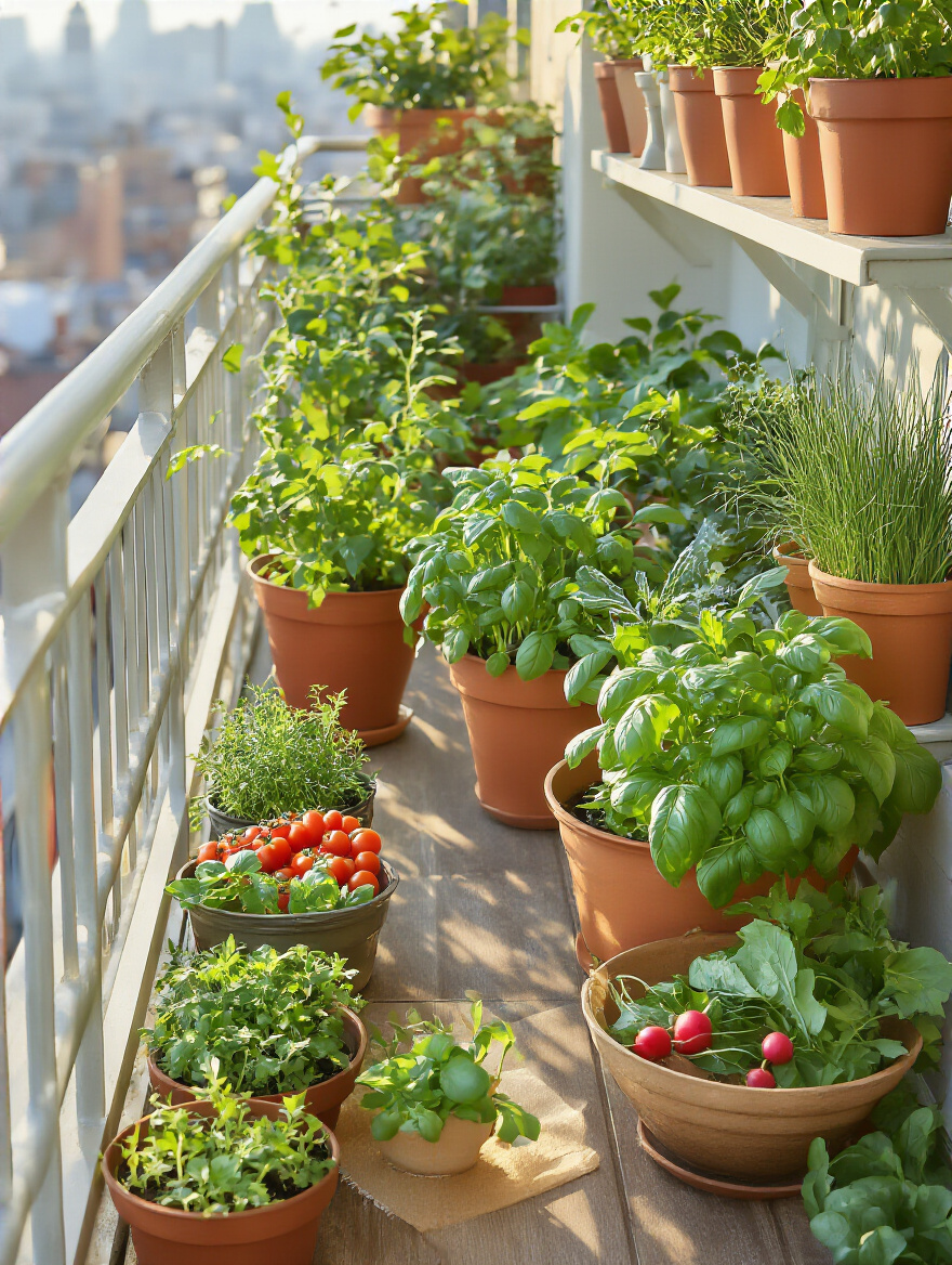Sunlit balcony garden portrait with herbs and vegetables in containers