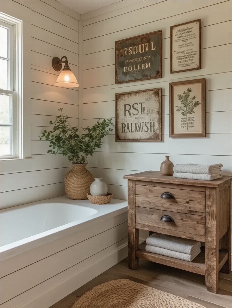 Rustic bathroom wall art gallery with vintage signs and nature prints on shiplap